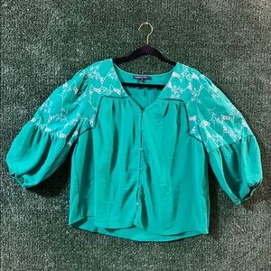 Adrienne Vittadini Teal Embroidered Button-Front Blouse
